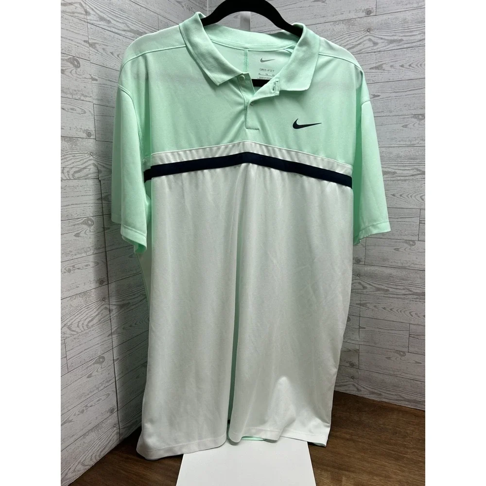 Mens Nike Dri-Fit‎ Athletic Golf Polo Men's Light Mint Green Black And White XL